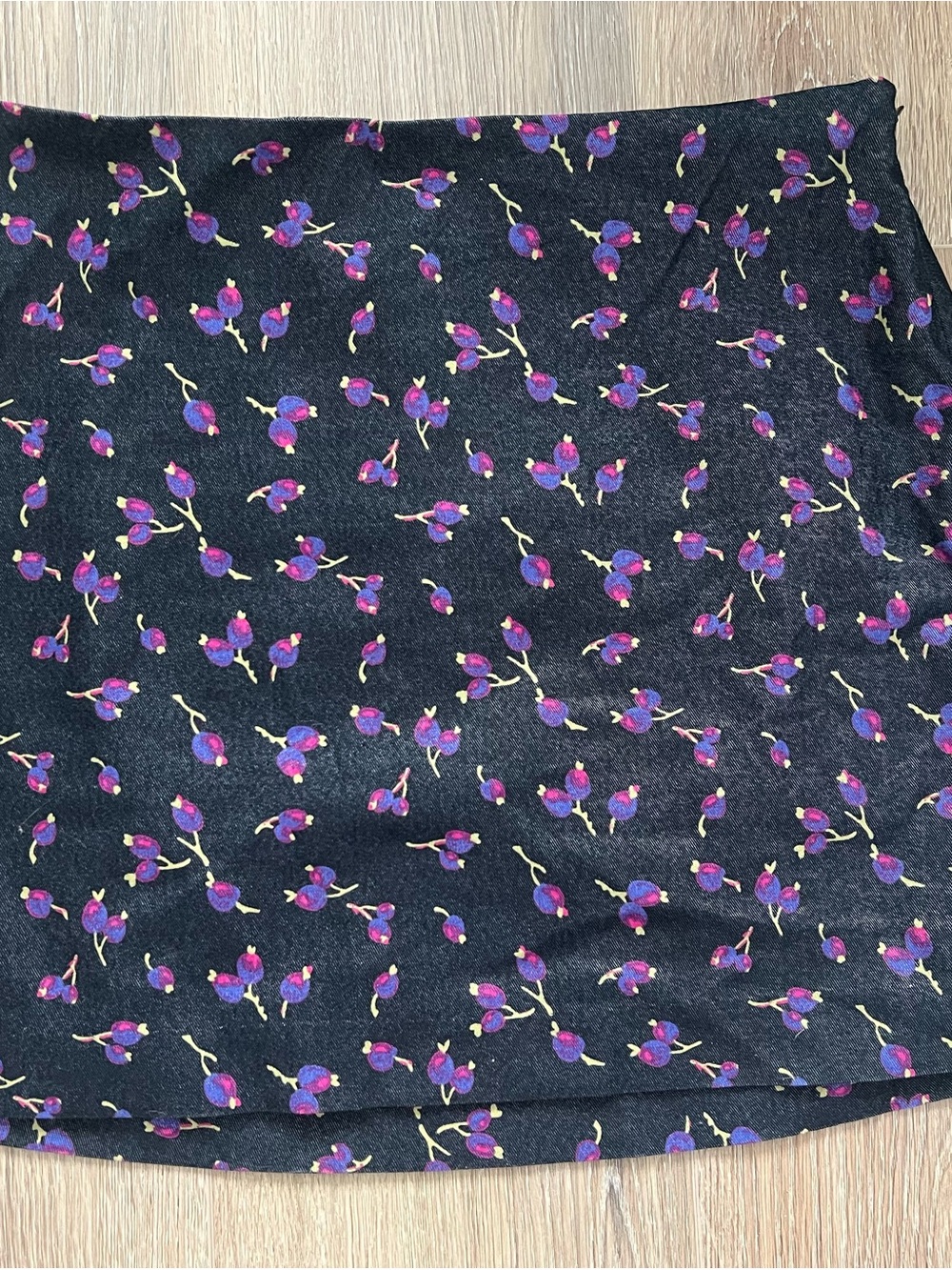 Express Black Mini Skirt with Purple & Pink Floral Cherry Print
